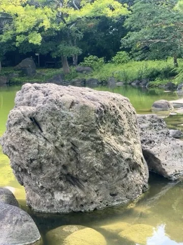 池の中に据えられた、穴の多い大きな岩。背後に水面と木々。