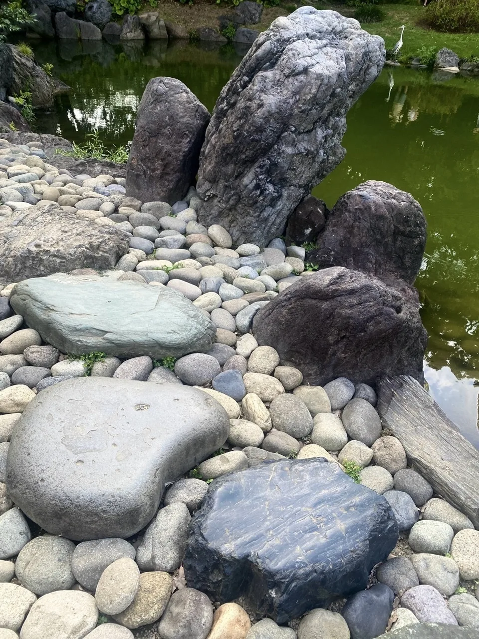 玉石を敷いた池畔に、黒や白の大小の石が組まれている。奥の水面に白いサギが立つ。