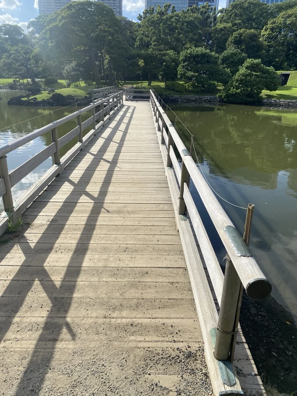 池に架かる木の橋を渡る視点。左右に低い木の欄干があり、橋板に斜めの影が等間隔に落ちる。