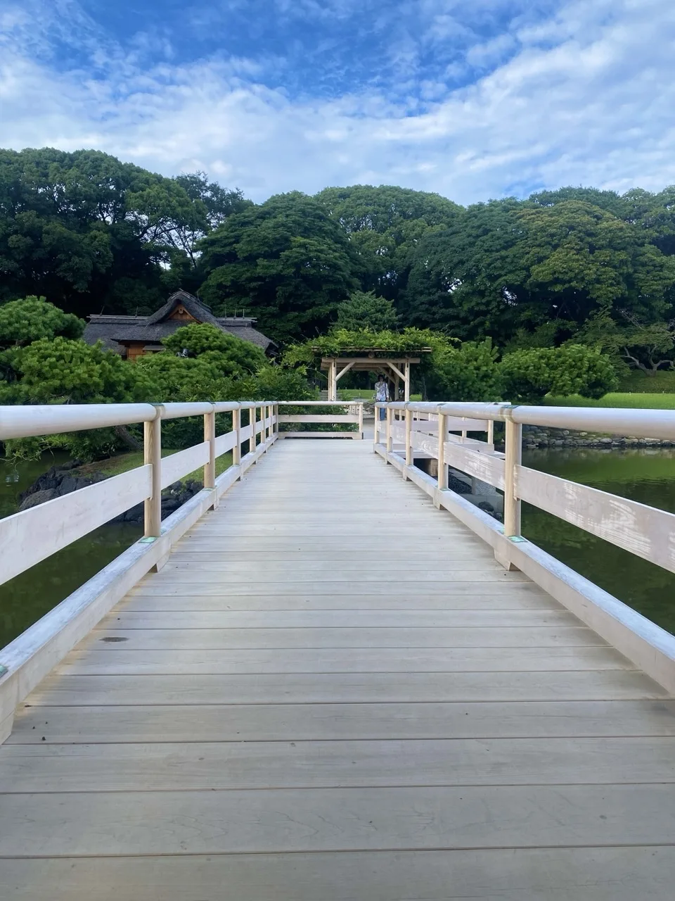白い欄干の板張りの橋がまっすぐ奥へ延び、その先に藤棚と茅葺きの建物、背後に濃い緑の木立と青空。