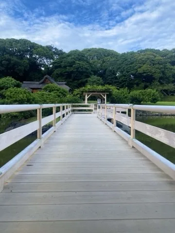 白い欄干の板張りの橋がまっすぐ奥へ延び、その先に藤棚と茅葺きの建物、背後に濃い緑の木立と青空。