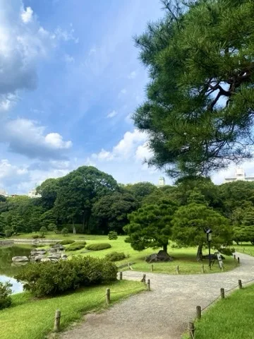 池のほとりに立つ木々と芝生を撮った写真。空に雲が広がる。