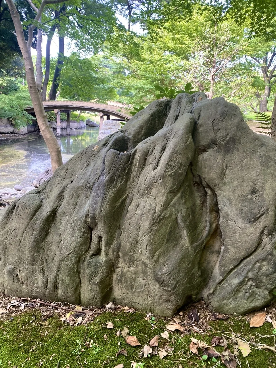 水辺に据えられた大きな岩を近くから撮った写真。奥に小さな橋が見える。