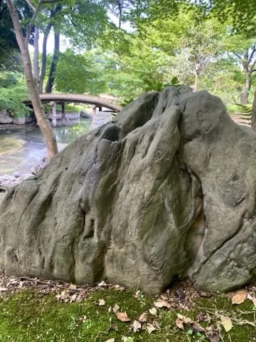 水辺に据えられた大きな岩を近くから撮った写真。奥に小さな橋が見える。