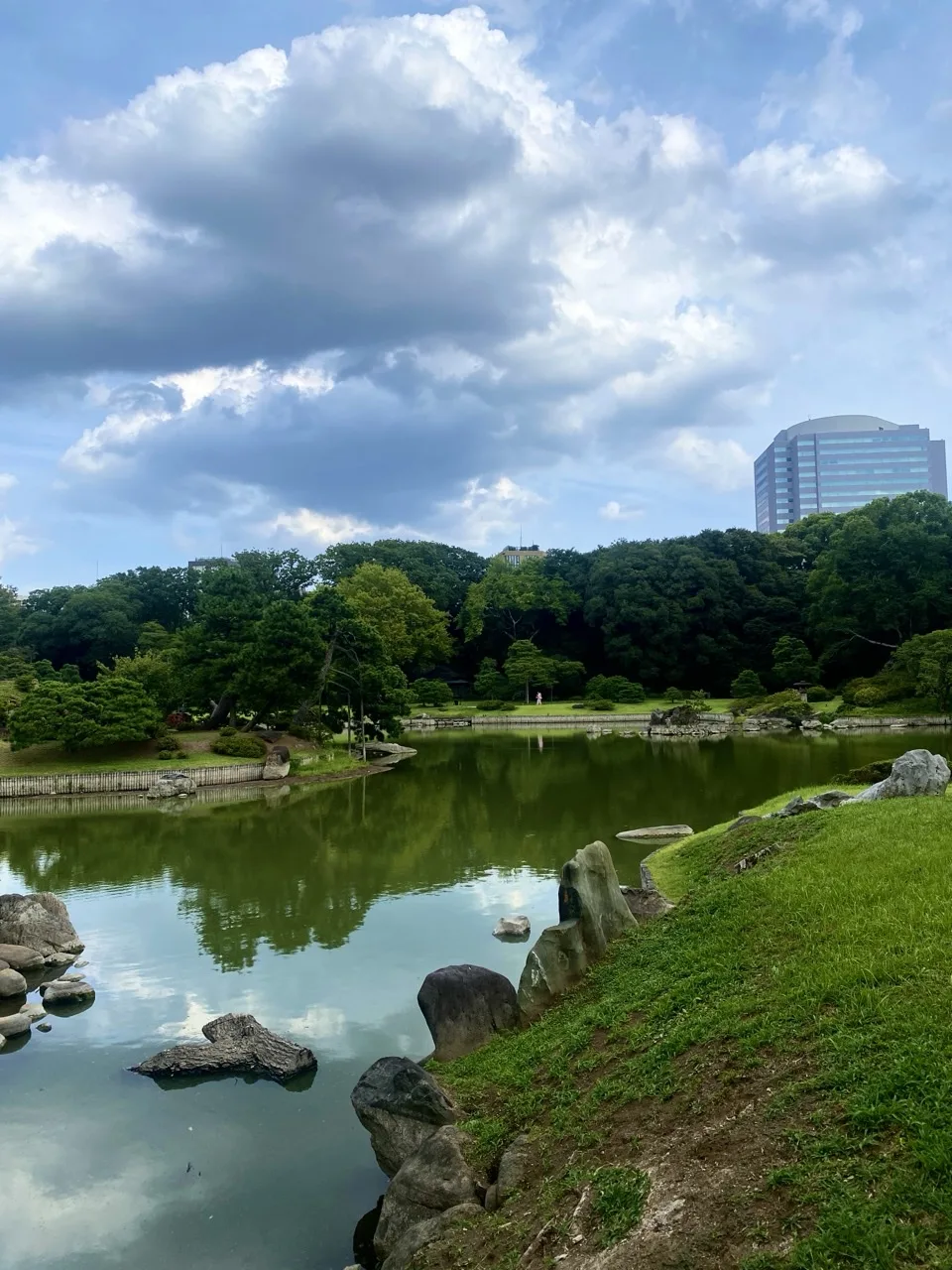 曇り空の下、対岸の緑が水面に映り込む池を撮った写真。手前にビルが見える。