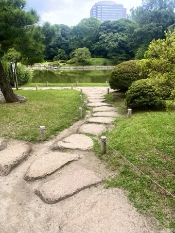 芝生の上に並ぶ飛び石を撮った写真。奥に池と木立が見える。