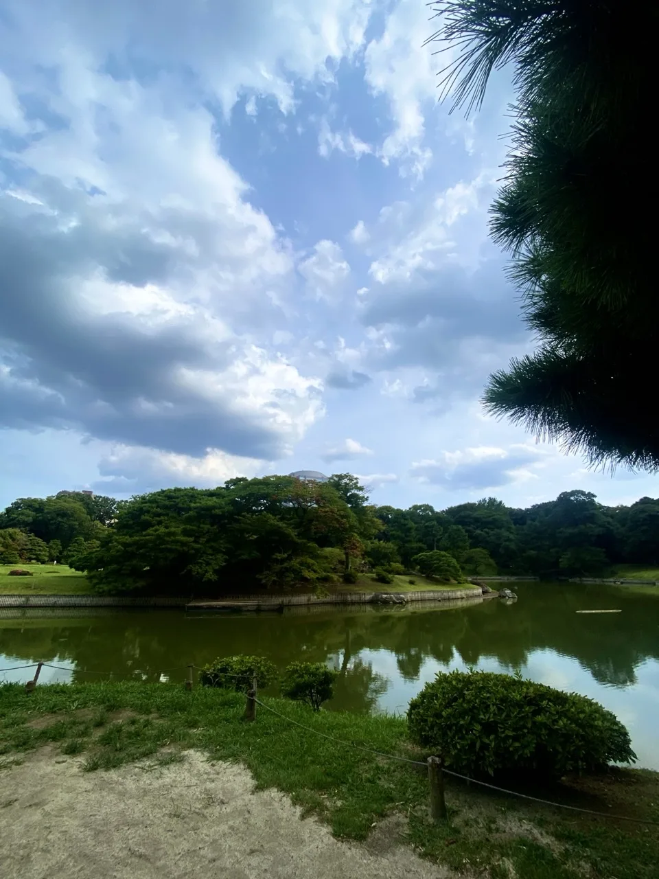 曇り空の下、池と対岸の石組みを撮った写真。