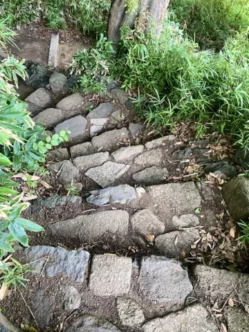 大小の石を組んで作られた階段状の道を撮った写真。両脇に草が茂る。