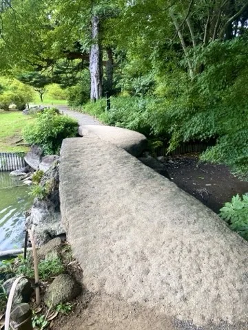 木立に沿って弧を描く石畳の道を撮った写真。