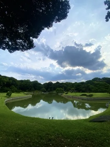 六義園の池を撮った写真。対岸の木立が水面に映り込んでいる。