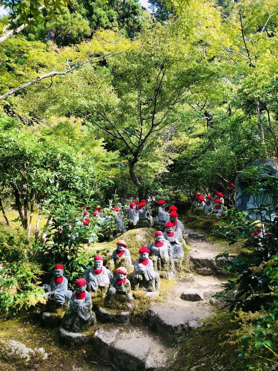 木立の斜面に苔むした石段が続き、その両側に赤い帽子と前掛けをつけた小さな石像が幾列も並ぶ。