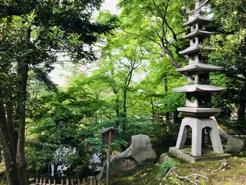 新緑の木立の中に、屋根を幾重にも重ねた石塔が立つ。足元に苔と据え石、左奥に水面と木の柵。