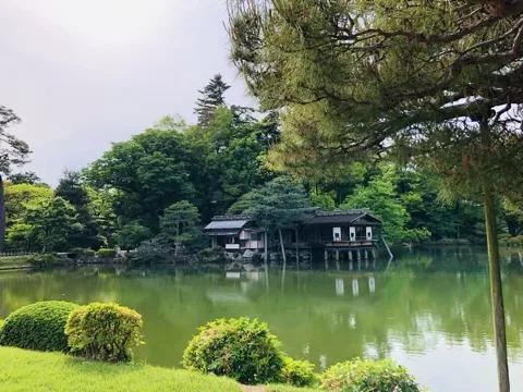 池の対岸に木造の建物が並び、右側の一棟は細い柱で水面の上に張り出す。手前に丸い刈り込みと松の枝。