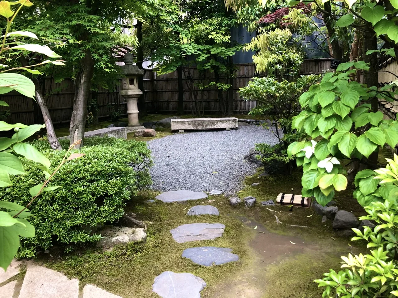 苔の地面に平たい飛石が点々と続き、その先に白い砂利敷きの面と石灯籠、竹垣がある。左右は低木と若葉の楓。