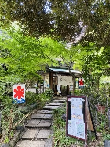 石を敷いた段が奥の小さな建物へ上っていく。左右に赤い「氷」の旗と品書きの立て看板があり、周囲は明るい緑の枝葉に囲まれている。