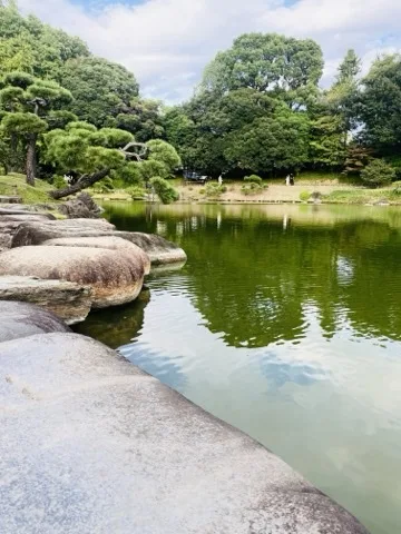 手前左に大きな平石が連なって水際を作り、緑色の池が広がる。対岸には枝を張った松と木立、その姿が水面に映っている。