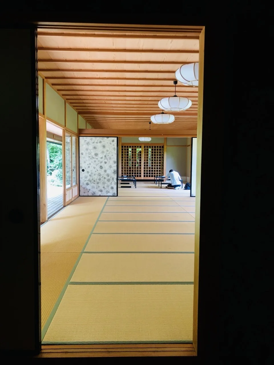 暗い戸口ごしに見た畳の広間。丸い提灯が下がり、左手の開口から庭の緑が見える。