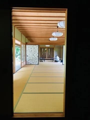暗い戸口ごしに見た畳の広間。丸い提灯が下がり、左手の開口から庭の緑が見える。
