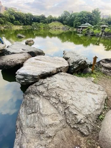 画面下半分を大きな平石が占め、その隙間から緑色の池が覗く。対岸には芝の築山と瓦屋根の建物、右手に石灯籠が立つ。