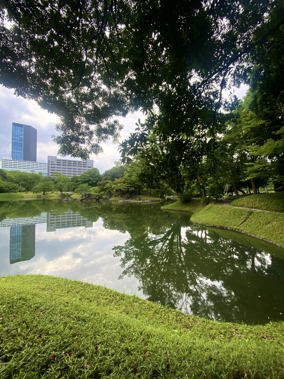 池越しに高層ビル群が見える。手前は芝生の築山。水面に建物と木立が映り、奥に石の橋。