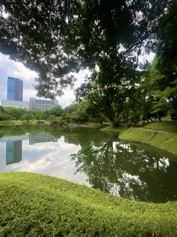池越しに高層ビル群が見える。手前は芝生の築山。水面に建物と木立が映り、奥に石の橋。