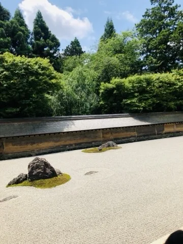 白砂を敷いた庭に、苔の島を伴った石が点在する。奥に低い土塀と木立、青空。